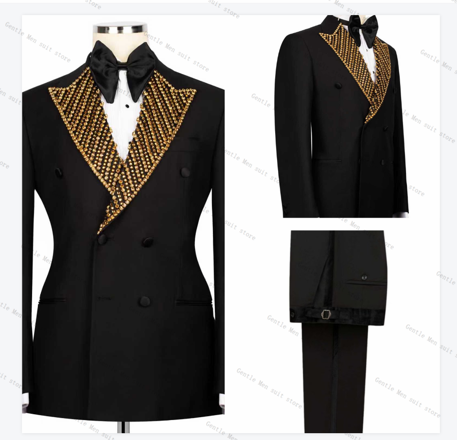 Formal Wear For Men Black Suit - Golden Beaded Men Suit Set 2
