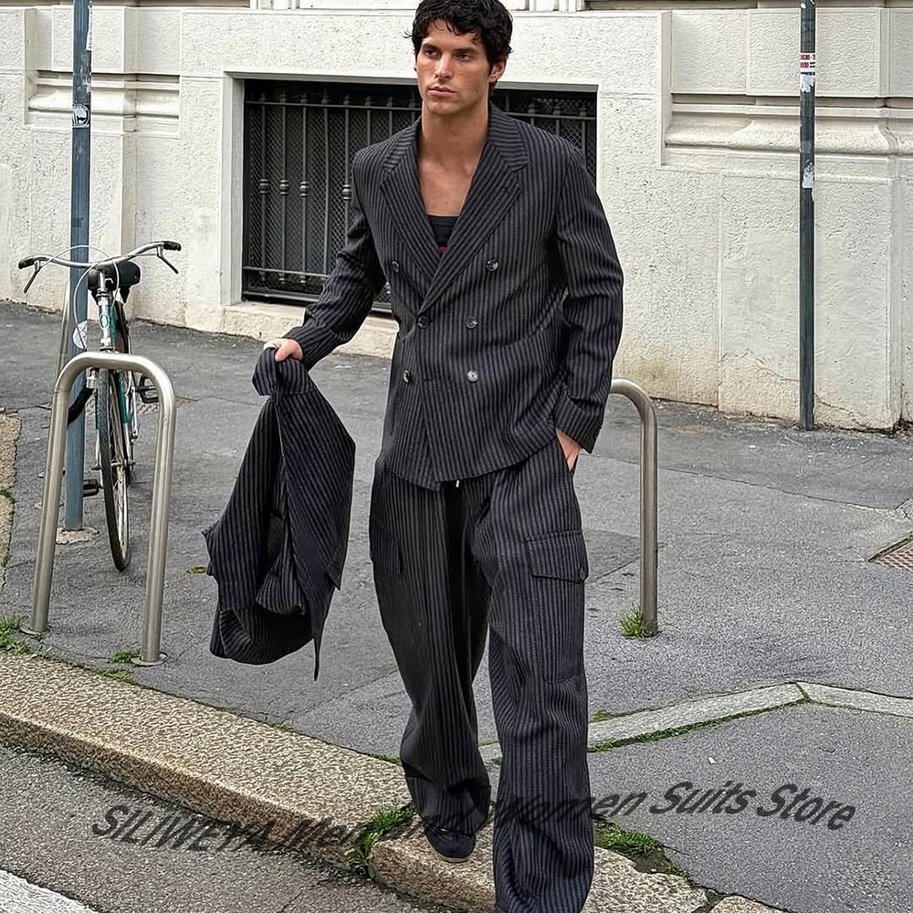 Men Formal Wear Modern - Elegant Man Suit Pinstripe Double-Breasted Notch
