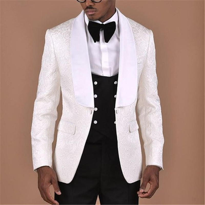 Formal Wear For Men Black Suit - White Pattern With Double Breasted Black