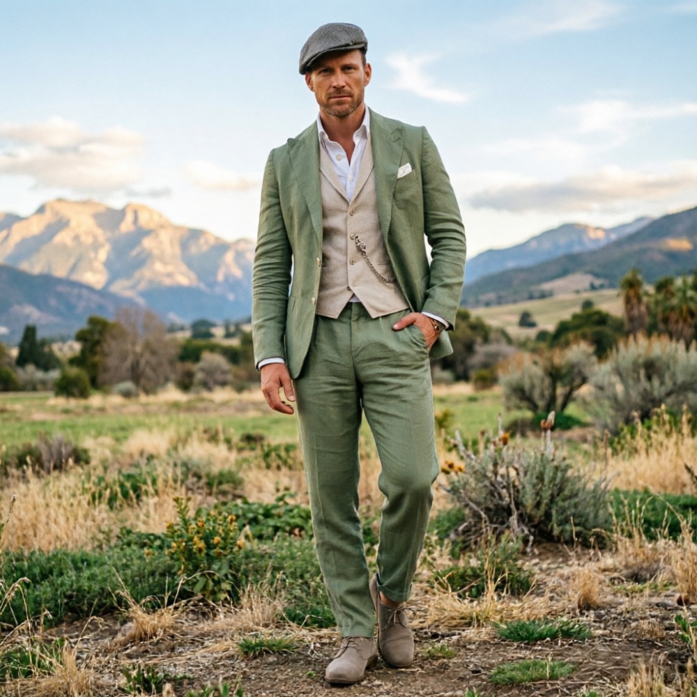 Sage Green Linen Men 3 Piece S - Men Formal Wear Summer review and price